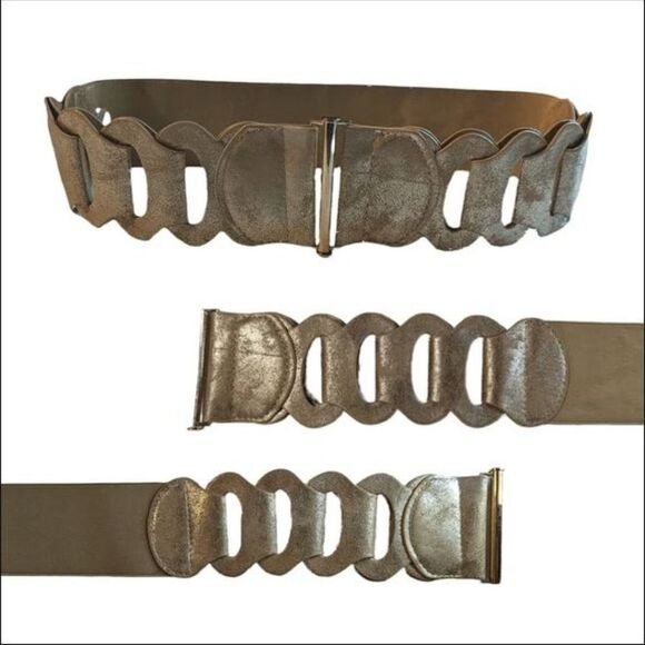 Tan Stretch Waist Belt with Distressed Gold Faux Leather - Picture 1 of 6